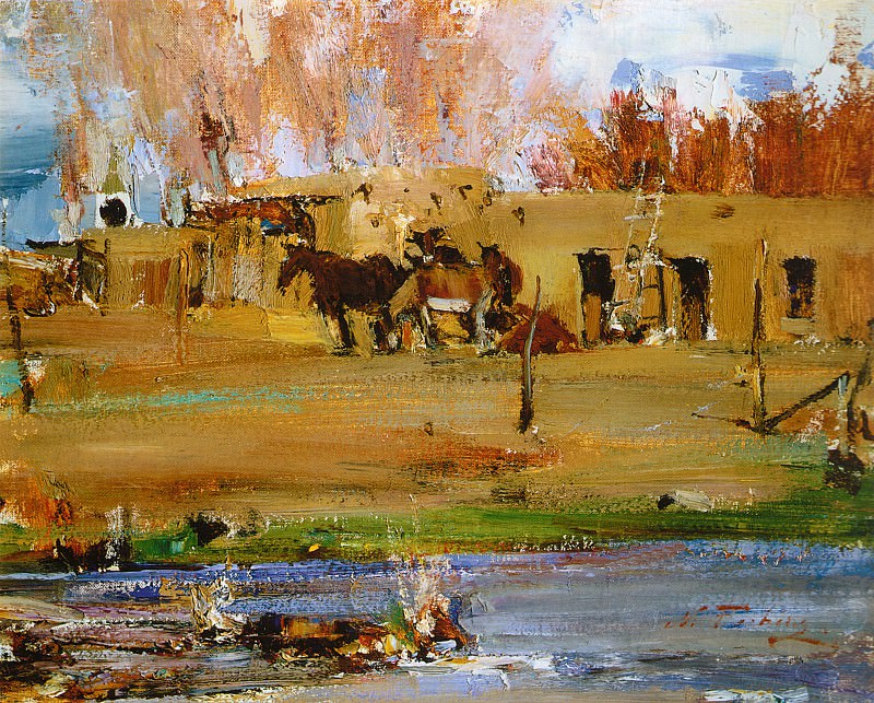 Horses in front of an adobe , Nikolay Feshin