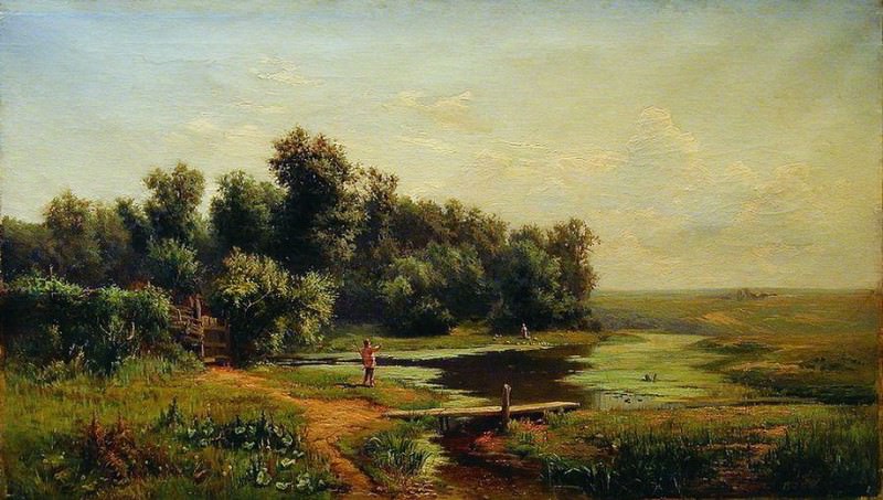 Noon. Landscape with river and fisherwoman, Lev Kamenev