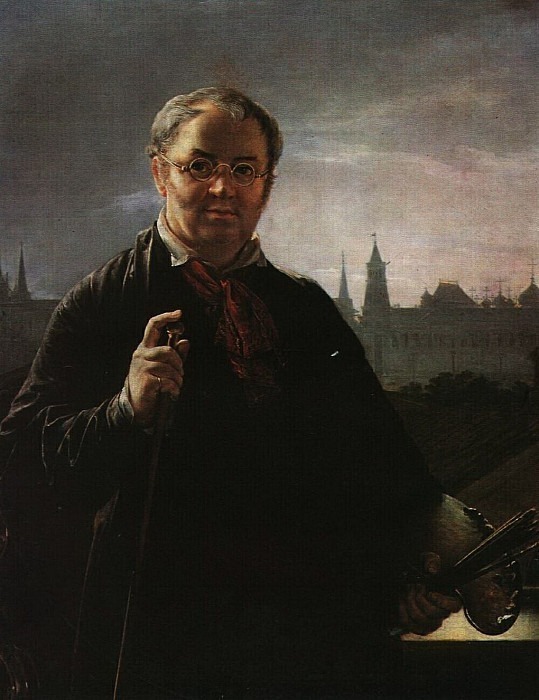 Автопортрет с кистями и палитрой на фоне окна с видом на Кремль, Василий Андреевич Тропинин
