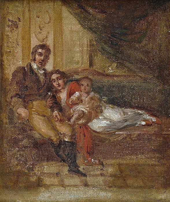 Family portrait. Unknown man with his wife and child on the couch