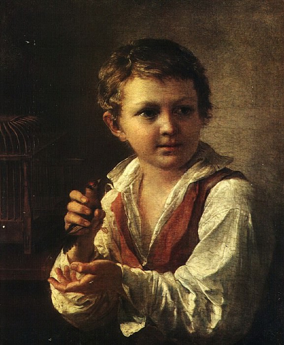 A boy releasing a goldfinch from a cage, Vasily Tropinin