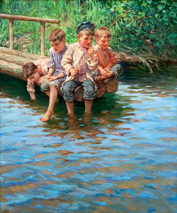 Четыре мальчика рыбачат на берегу, Николай Петрович Богданов-Бельский