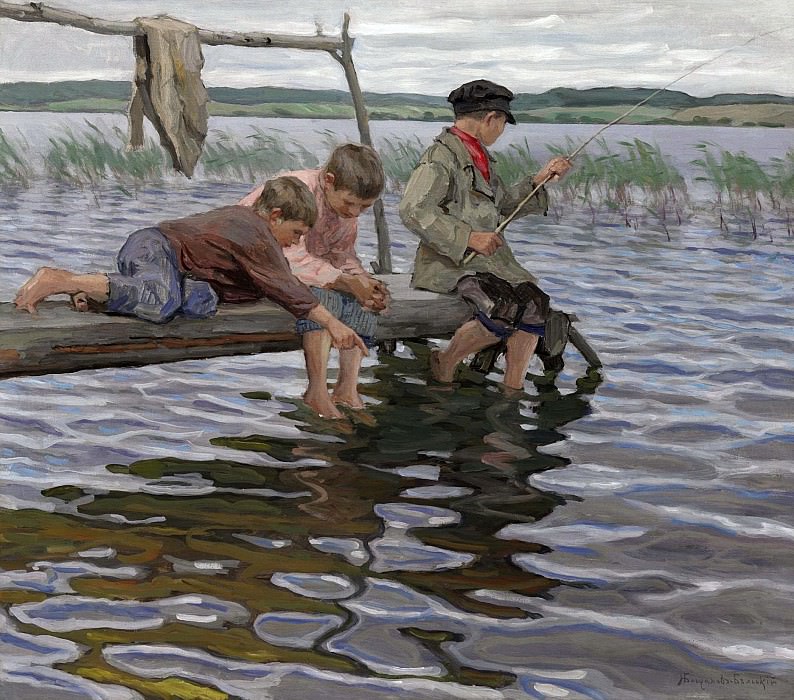 Boys fishing off a pier, Nikolai Petrovich Bogdanov-Belsky