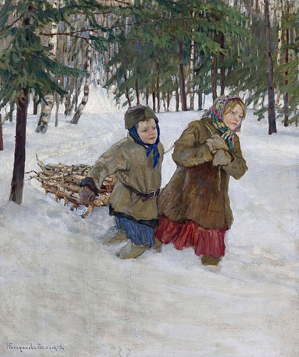 Trudging the logs in winter snow, Nikolai Petrovich Bogdanov-Belsky