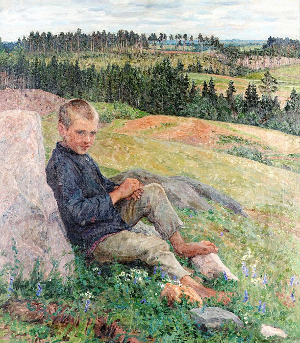 Мальчик, отдыхающий в летнем пейзаже, Николай Петрович Богданов-Бельский