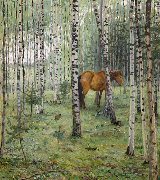 Horse in a birch grove, Nikolai Petrovich Bogdanov-Belsky