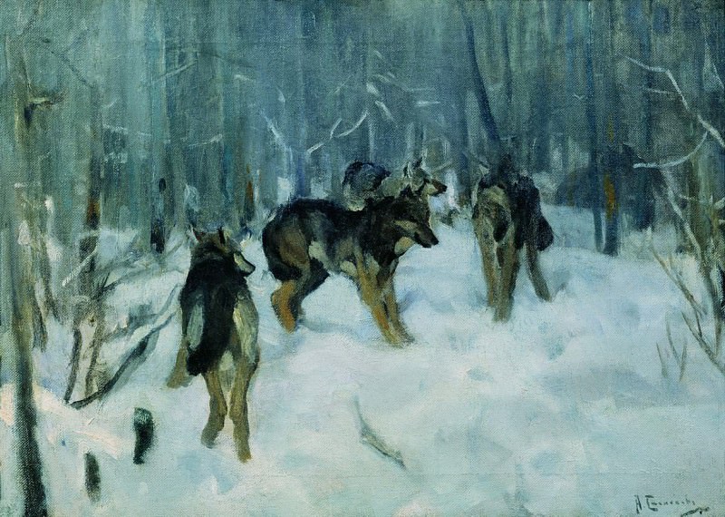 Wolves in winter forest, Alexey Stepanov