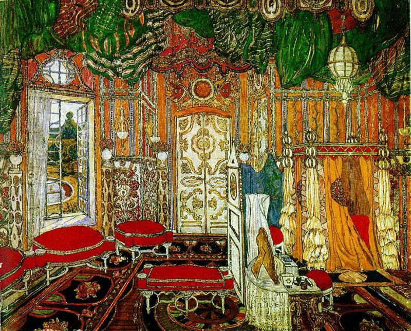 Countess’s bedroom. Scenery sketch for P. Beaumarchais’s comedy Crazy Day, or The Marriage of Figaro, Alexander Golovin