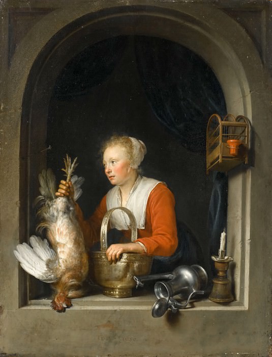 Gerrit Dou -- Woman hanging a rooster at her window, also called the Dutch housewife, Part 4 Louvre