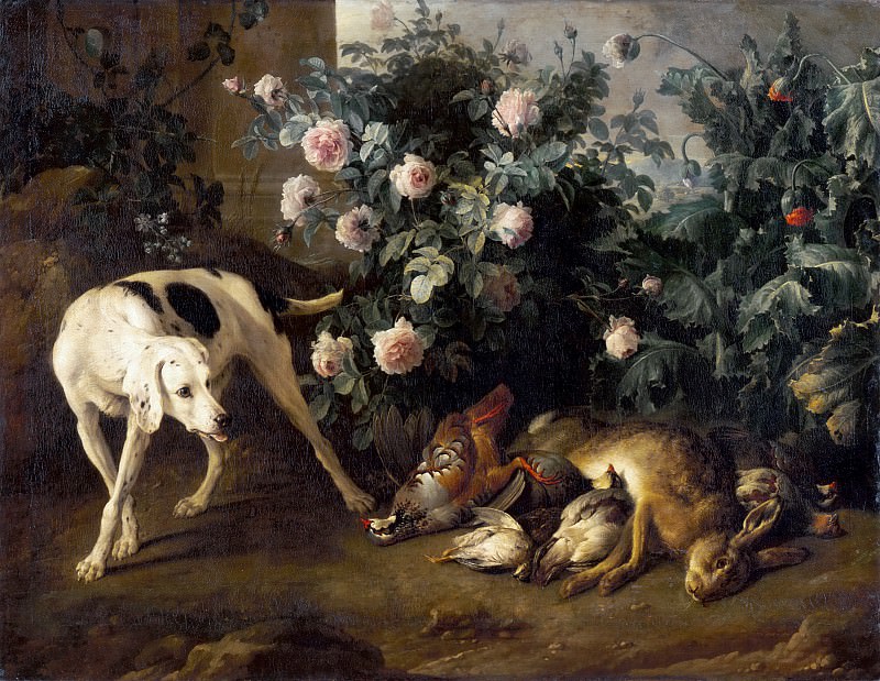 Alexandre-François Desportes -- Dog guarding game near a rose bush, Part 4 Louvre