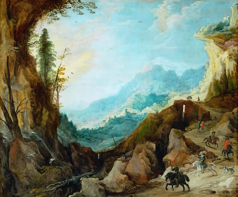 Момпер, Йос де -- Горный пейзаж с мостом и четырьмя всадниками, часть 4 Лувр