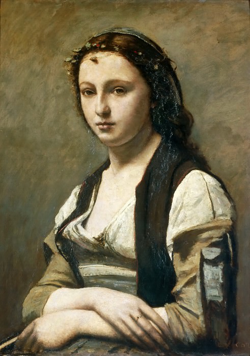 Corot, Jean-Baptiste-Camille -- Woman with a Pearl, 1868-70, 70x55, Corot, Jean-Baptiste-Camille , Part 4 Louvre