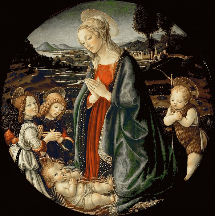 Боттичелли, Сандро -- Мадонна с маленьким Иоанном Крестителем и ангелами, поклоняющиеся Младенцу Иисусу, часть 4 Лувр