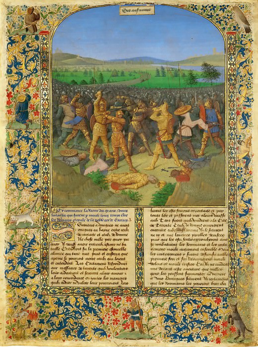 Fouquet, Jean -- A battle between Romans and Carthaginians, probably the battle of Cannae . Page from a manuscript Ancient history to Caesar and the deeds of the Romans much of which has been lost. 1470-1475 Parchment, 44, 8 x 33, 4 cm. R.F. 7251, Part 4 Louvre