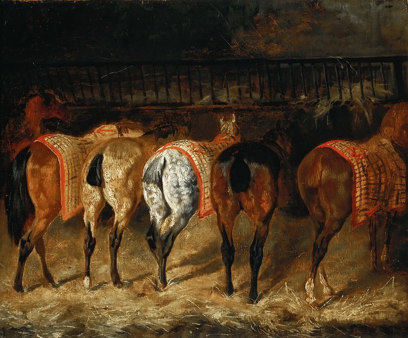 Théodore Géricault, completed by Pierre-François Lehoux -- Five Horses Viewed from the Back in a Stable , Part 4 Louvre
