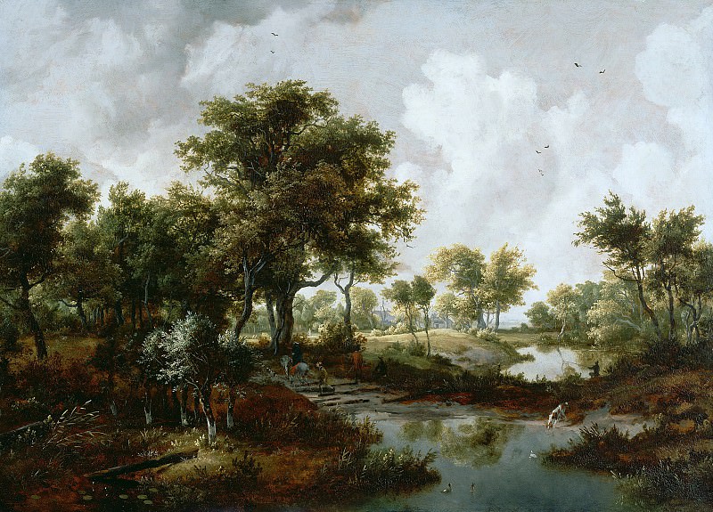 Хоббема Мейндерт – Лесной пейзаж с путниками ок1665, Музей Гетти