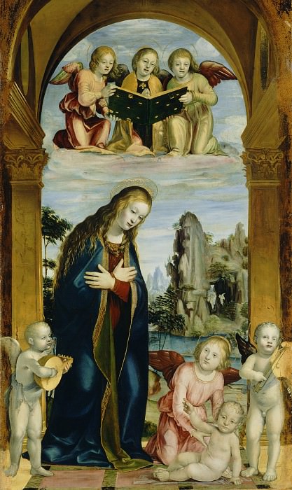 Дзенале Бернардо – Поклонение младенцу с музицирующими ангелами ок1502, Музей Гетти