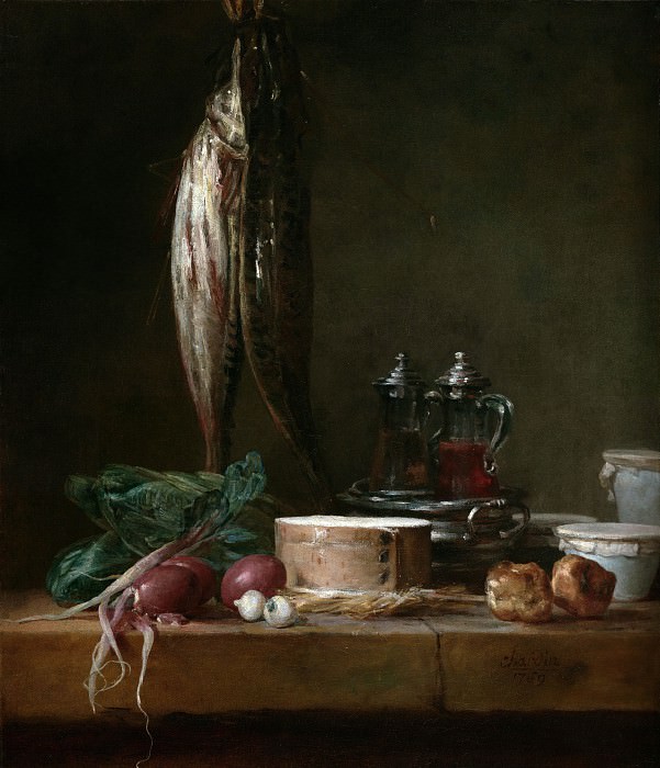 Шарден Жан-Батист-Симеон – Натюрморт с рыбой и овощами на столе 1769, Музей Гетти
