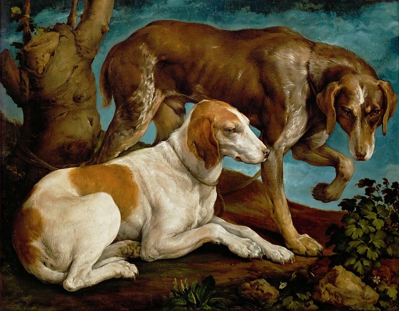 Jacopo Bassano il Vecchio -- Two Hunting Dogs Tied to a Tree Stump, Part 6 Louvre