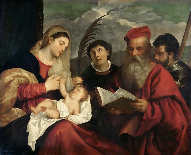 Тициан -- Мадонна с Младенцем со свв Стефаном, Иеронимом и Маврикием, Part 6 Louvre