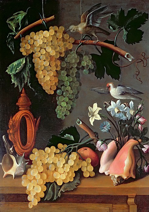 Эспиноса, Хуан Баттиста де -- Натюрморт с виноградом, птицами, цветами и раковинами, Part 6 Louvre