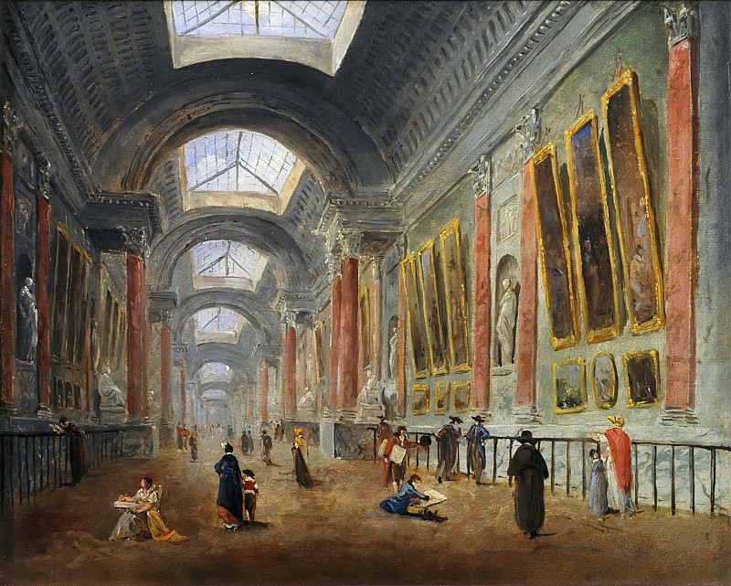 Hubert Robert, an artist who specialized in paintings of ruins, was on the committees charged with deciding how to renovate the Grande Galerie. He painted at least nine potential versions, which are hard to date accurately. Here Robert took up De Wailly?s Serlian motif and retained the niches flanked by pilasters. This arrangement, which can still be seen today, was only executed in the early 19th century by Napoleon?s architects, Percier and Fontaine . -- Proposed Renovation of the Grande Galerie-circa 1796-1798 ? Oil on canvas ? Department of Paintings, Musée du Louvre, Paris , Part 6 Louvre