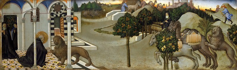 Сано ди Пьетро -- Святой Ироним и лев, фрагмент пределлы алтаря, часть 6 Лувр