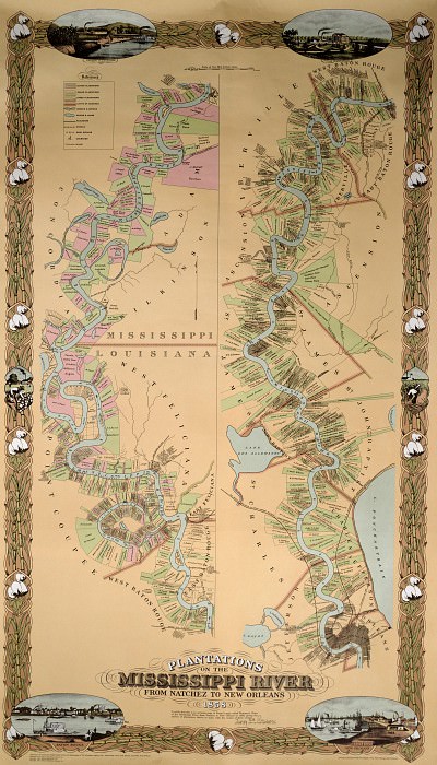 Map depicting plantations on the Mississippi River from Natchez to New Orleans, 1858, Antique world maps HQ