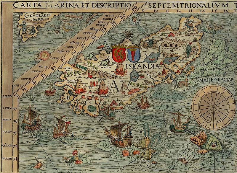 Олаф Магнус – Carta Marina, 1539 – Исландия, Древние карты мира в высоком разрешении – Старинные карты