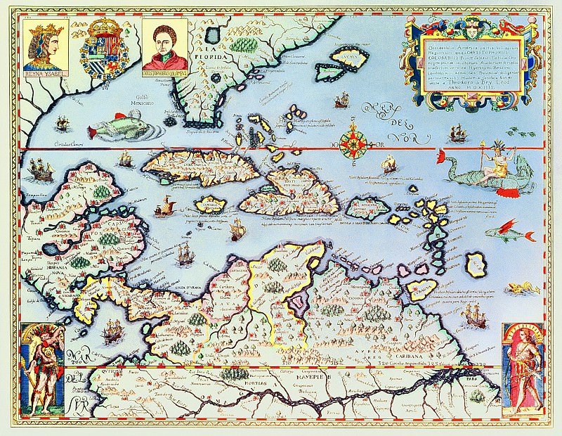 Theodore de Bry – Map of the Caribbean islands and the American state of Florida, Antique world maps HQ