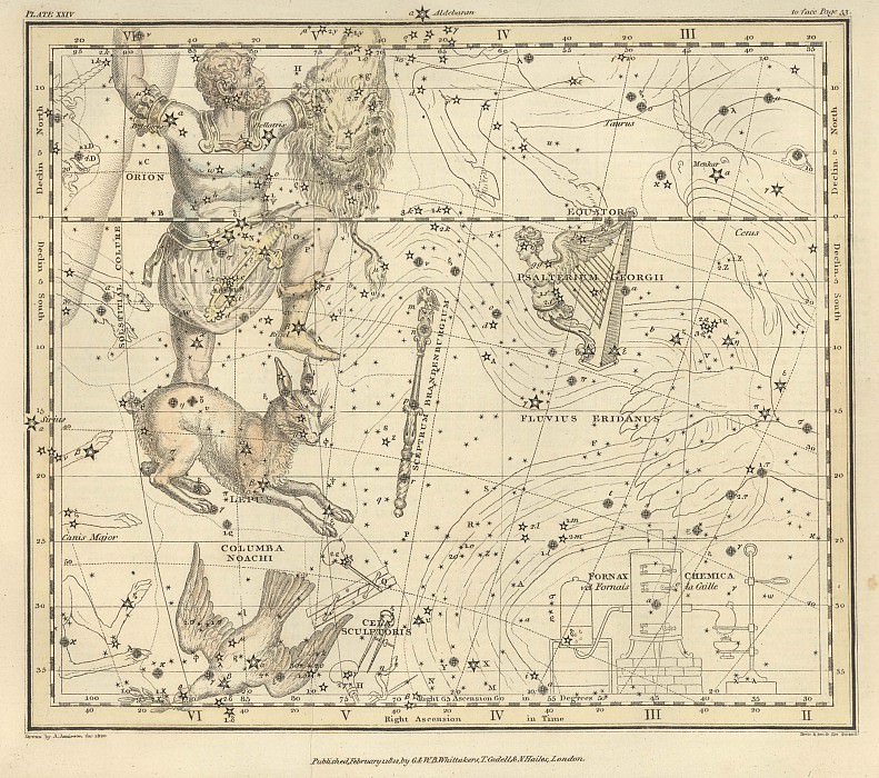 Eridanus, Orion, Lepus, Columba, Cela Sculptoris, Psalterium Georgii, Sceptrum Brandenburgium, Antique world maps HQ