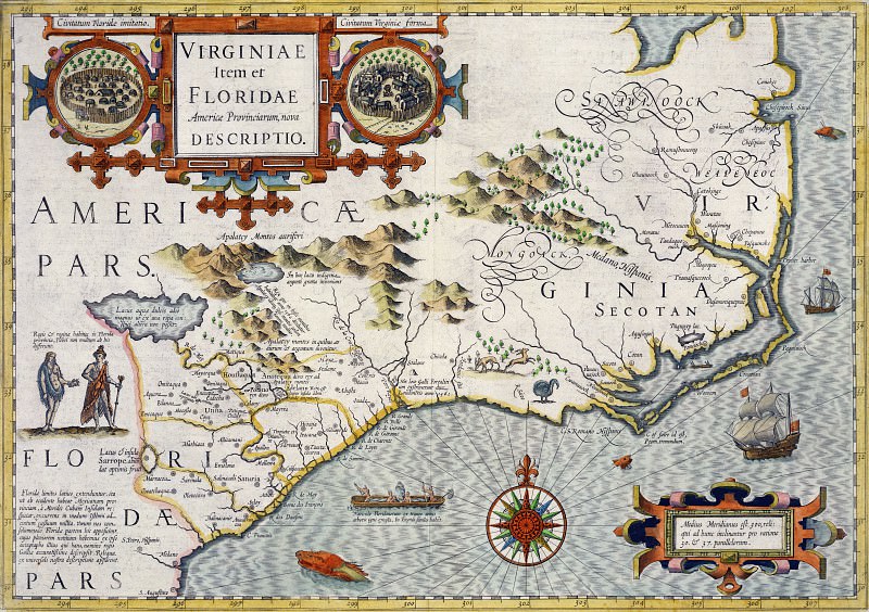 Йодокус Хондиус – Северная Каролина, 1619, Древние карты мира в высоком разрешении – Старинные карты