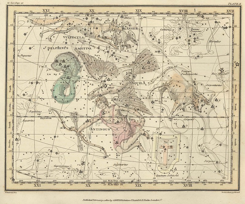 Aquila and Antinous, Scutum Sobieski, Taurus Poniatowski, Sagitta, Vulpecula and Anser, Delphinus, Antique world maps HQ