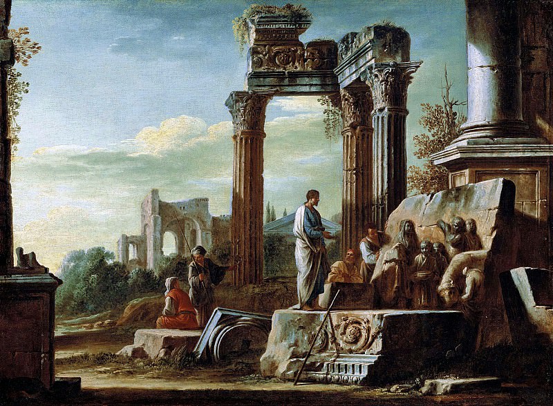 Giovanni Ghisolfi – Roman ruins with three columns of the Temple of Vespasian, Liechtenstein Museum (Vienna)