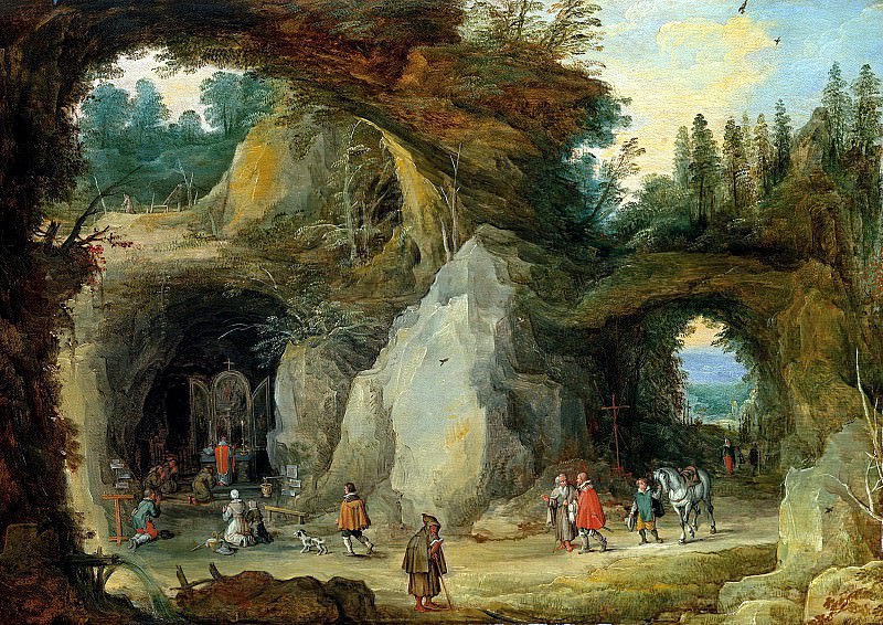 Jan Brueghel I – Mountain landscape with pilgrims at the chapel in the grotto, Liechtenstein Museum (Vienna)