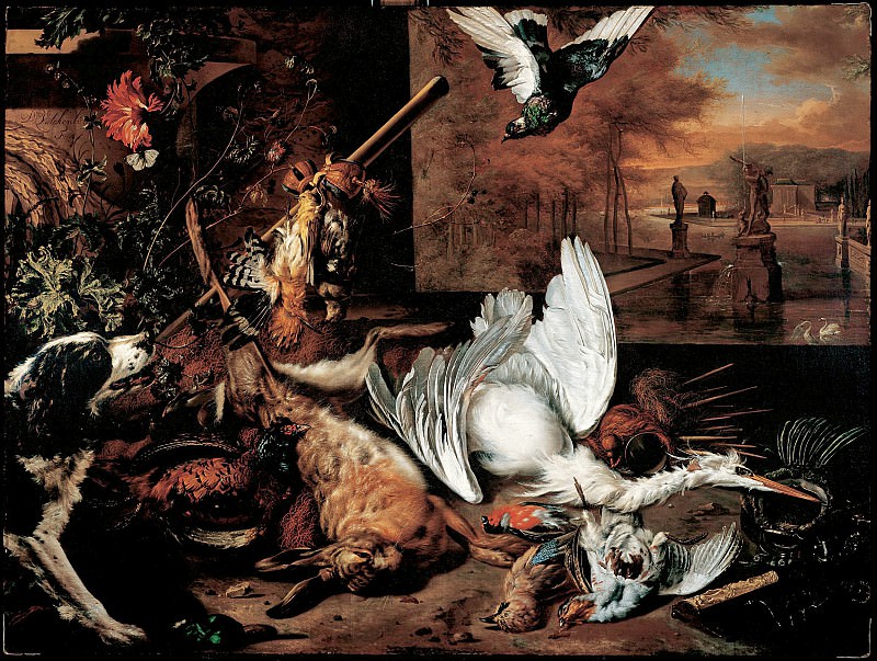 Dirk van Valkenburgh – Still life with a heron and a dog barking at a bird, Liechtenstein Museum (Vienna)