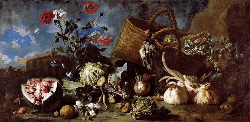 Франц Вернер фон Тамм – Натюрморт с цветами, фруктами и двумя курицами, Музей Лихтенштейн (Вена)