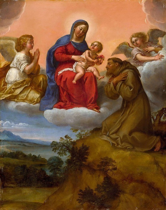 Богородица с младенцем, которой поклоняется святой Франциск. Франческо Альбани