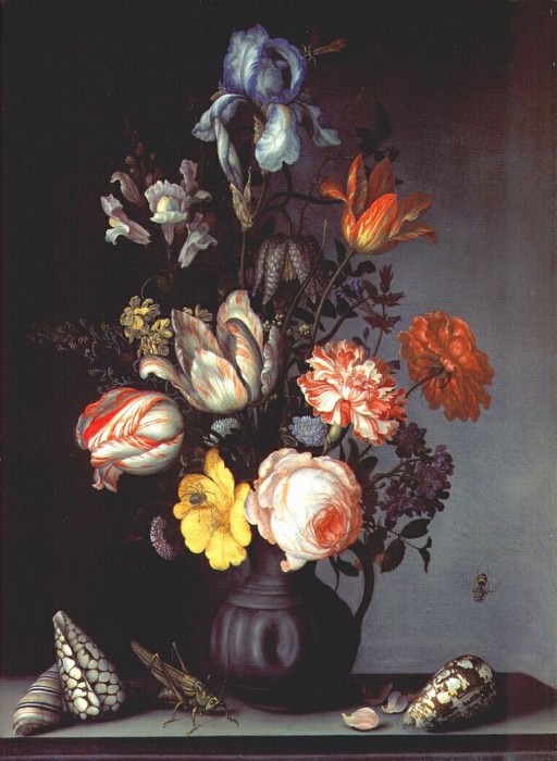 flowers in vase with shells and insect c1628-30. Balthasar Van Der Ast