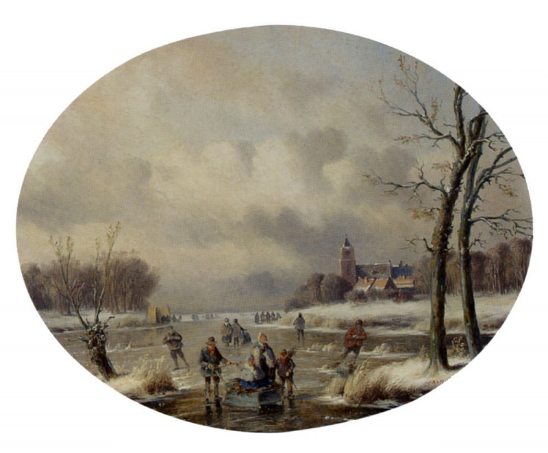 Skaters On A Frozen Waterway. Carl Eduard Ahrendts