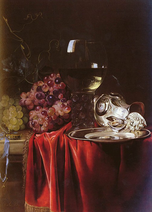 A Still Life Of Grapes, A Roemer, A Silver Ewer And A Plate. Willem Van Aelst