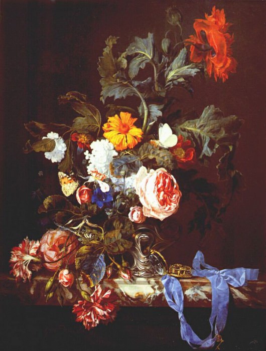 Vase of flowers with pocket watch. Willem Van Aelst