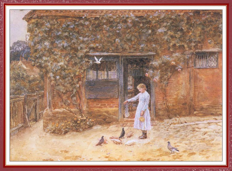 Girl With Doves Outside A Cottage. Allingham Helen