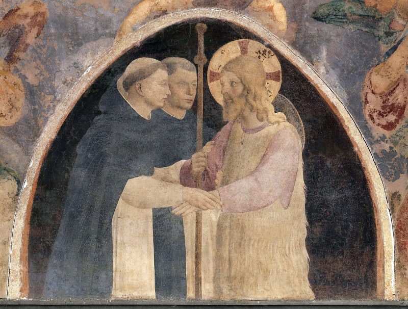 Christ as a pilgrim with two Dominican monks