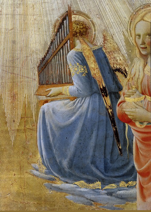 Coronation of the Virgin, detail - Angels playing music. Fra Angelico