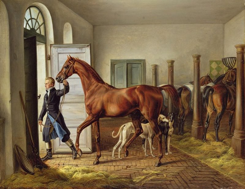 Groom leading a horse from the stable, Albrecht Adam
