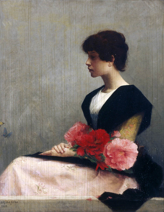 Young Woman Seated and Holding Flowers in Her Arms. Alfred Pierre Agache