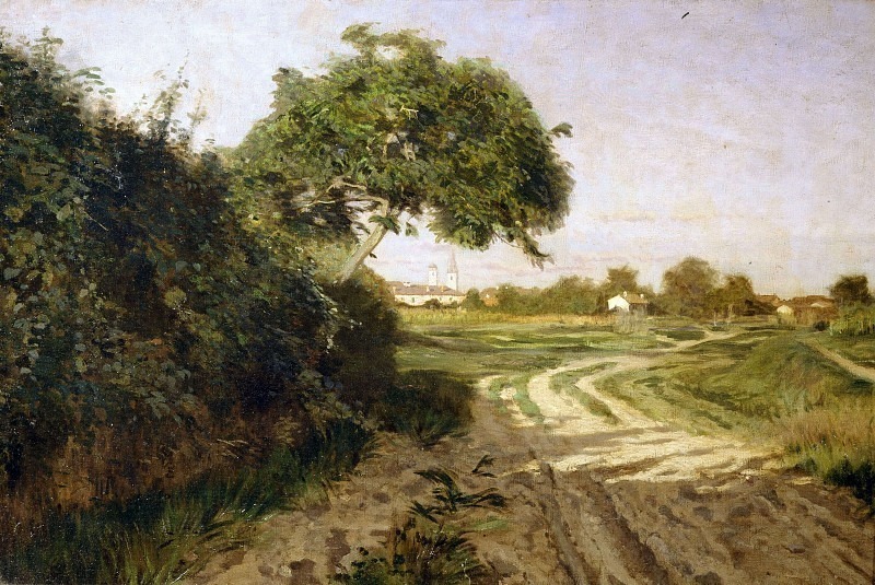 Rural landscape with trees and houses