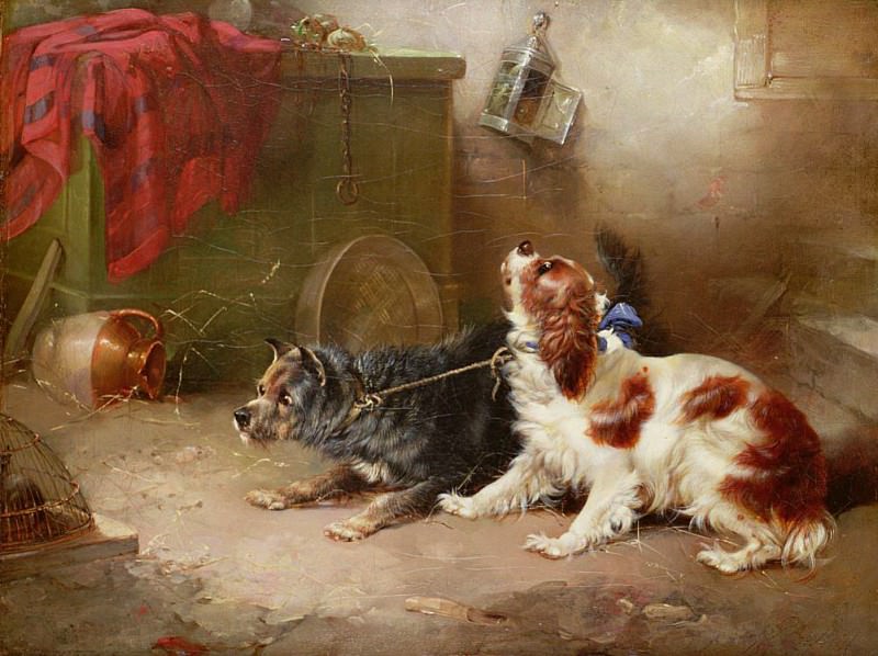 A Terrier and a King Charles Spaniel Scaring a Rat. George Armfield