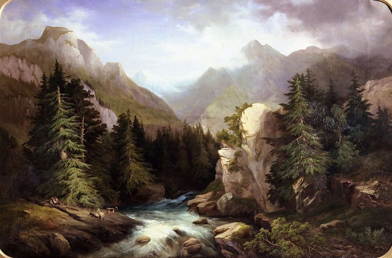 View of a Bergamo valley with shepherd and goats on the bed of a stream